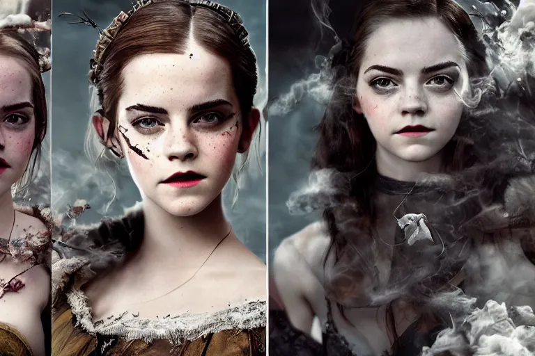 Image similar to a mix of of emma watson, anya taylor - joy and emma stone, evil sorceress witch, victorian manor, hyperrealism, octane render, extremely detailed, intricate smoke magic, lace, style of mark ryden, earl nore, hyung tae, frank frazetta
