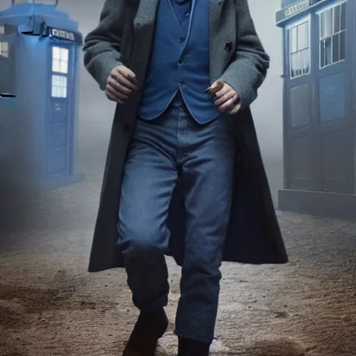 Image similar to tom holland as a rough dirty old man with a scruffy beard in a dark blue trenchcoat as the new doctor who, cinematic, volumetric lighting, f 8 aperture, cinematic eastman 5 3 8 4 film, photorealistic