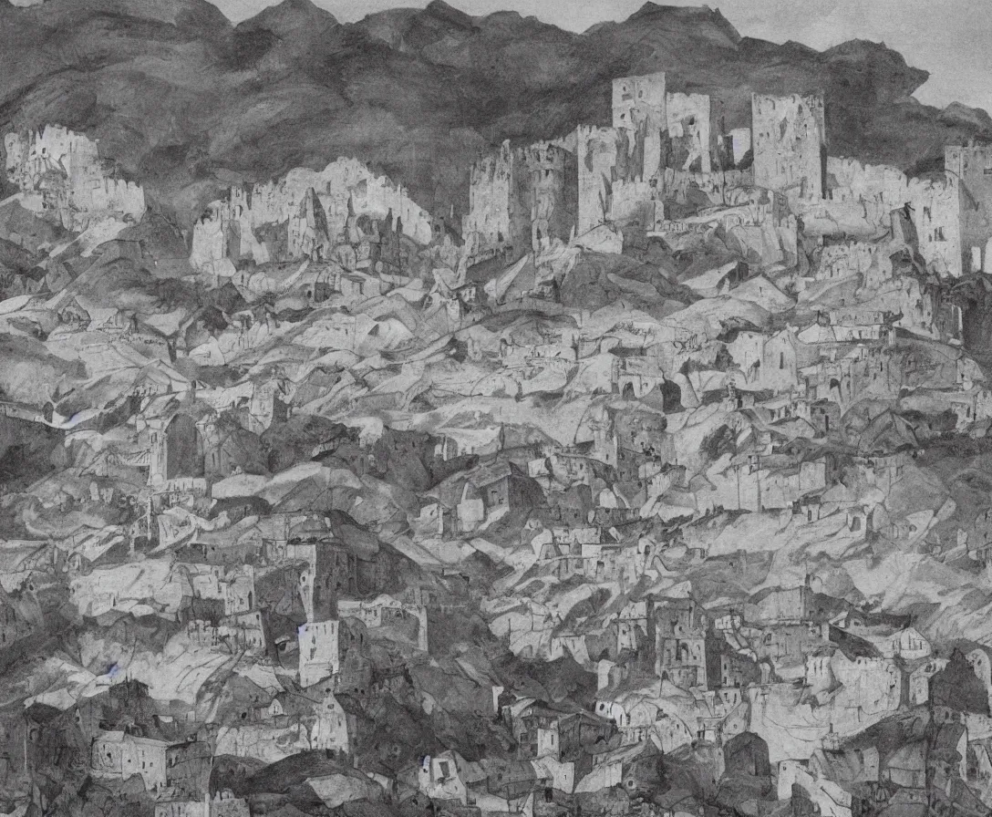 Prompt: A vast empty flat valley surrounded by Transylvanian mountains. A huge metal zeppelin in the sky among colorful clouds. The ruins of a medieval castle on the hillside in the background. No villages or buildings. Late warm evening light in the summer, gloomy weather. High quality, pencil drawing by M.C. Escher.