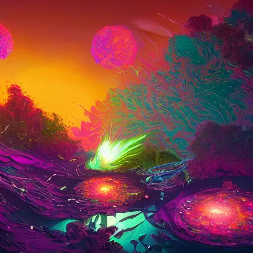 Prompt: a beautiful painting of a neutron stars exploding in bioluminescent gardens, colorful dream, glitches, detailed art, by shan jiang and moebius, trending on artstation