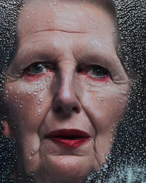 Prompt: margaret thatcher covered in rain, close - up, atmospheric moody hyper realistic award winning color cinematic still 8 k