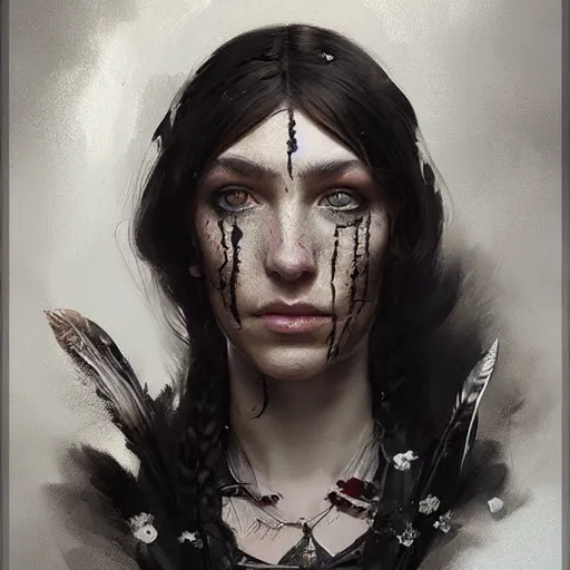 Image similar to hyper realistic portrait painting, beautifully rendered, gorgeous young witch with ceremonial markings and black feathers painted by greg rutkowski, wlop, artgerm, dishonored 2