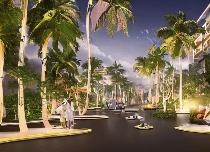 Image similar to futuristic luxurious street with Singaporean lush onsen with royal white and pink and white and luxurious gold colors, advanced civilization, high-end onsen, at the Sea Of Stars of Vaadhoo Island Maldives, Bioluminescent sea plankton that shines bright blue during the night makes the sea area, glowing water, intricate, elegant, luxurious, digital painting, concept art, smooth, sharp focus, from Star Trek 2021, illustration, by WLOP and Ruan Jia and Mandy Jurgens and William-Adolphe Bouguereau, Artgerm