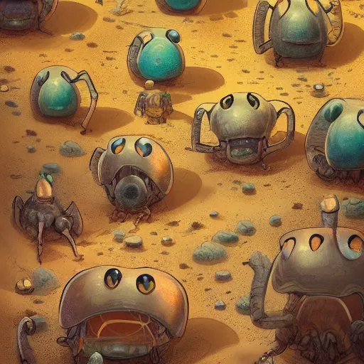 Prompt: of a desert with large cute strange friendly creatures with huge eyes, mouth and teeth appearing from the ground, in the style of James Jean, macro lens, shallow depth of field, highly detailed, digital painting, trending artstation, concept art, illustration, cinematic lighting, vibrant colors, photorealism, epic, octane render