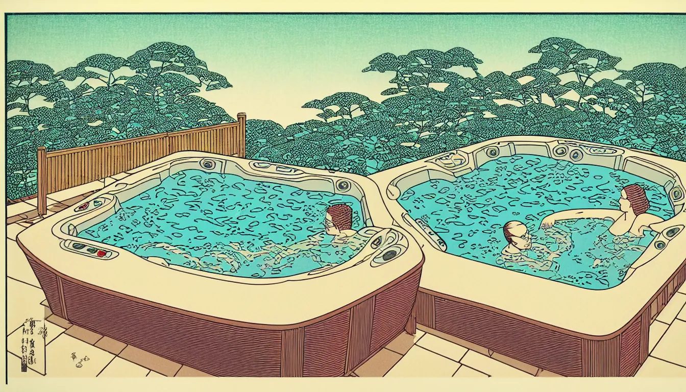 Prompt: hot tub in the backyard by woodblock print, moebius