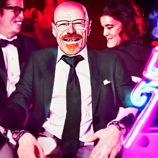 Image similar to portrait of walter white in a tuxedo, laughing in a modern night club, neon lights