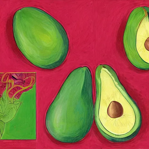 Image similar to a smiling avocado and a happy raspberry hugging, watching the world burn with fire, done in the style of old botanical illustrations, matisse, caravaggio, basquiat, japanese art, 4 k