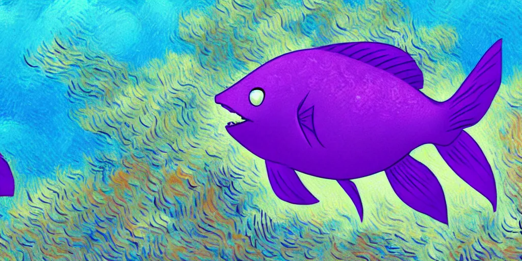 Image similar to A purple fish, swimming in a beautiful coral reef, Digital art, Concept art by Studio Ghibli and Pixar and Vincent Van Gogh