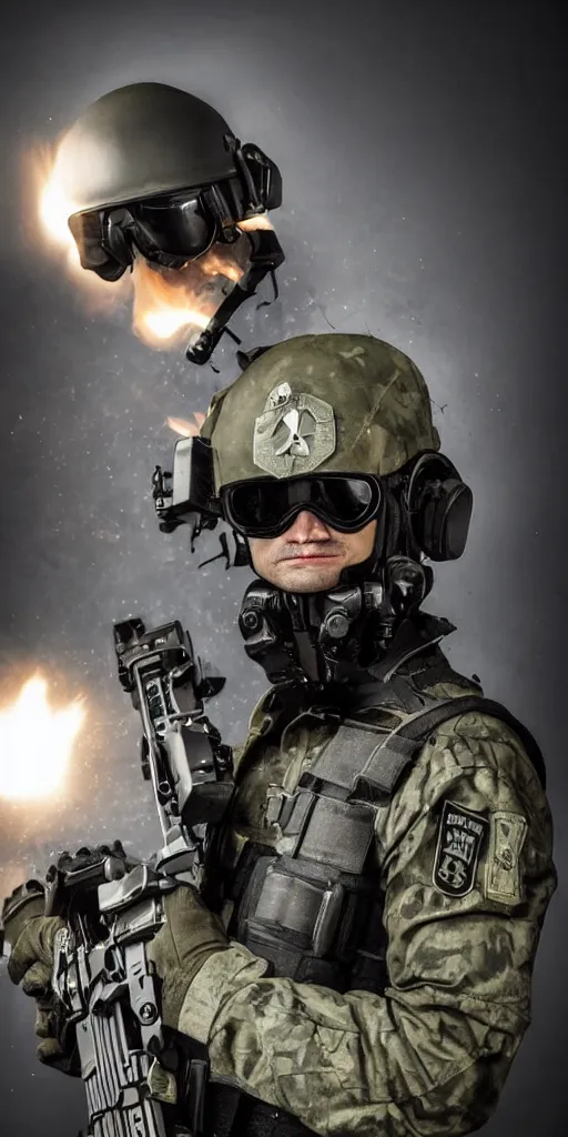 Image similar to portrait of a swat agent with a tactical helmet and goggles holding a machine gun, his head is burning , at night, mid shot, editorial photography