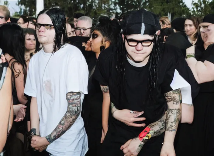 Image similar to Photo of Skrillex at a funeral performing on a coffin