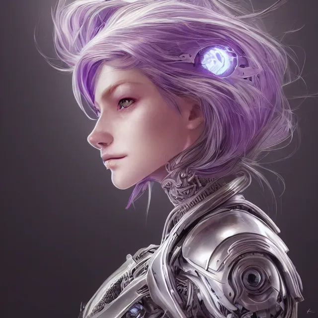 Prompt: close facial portrait of a pale woman in futuristic bionic armor with flowing purple hair, elegant, stoic, intense, ultrafine hyperdetailed illustration by kim jung gi, irakli nadar, intricate linework, sharp focus, bright colors, octopath traveler, final fantasy, hearthstone, highly rendered, global illumination, radiant light, detailed, intricate environment