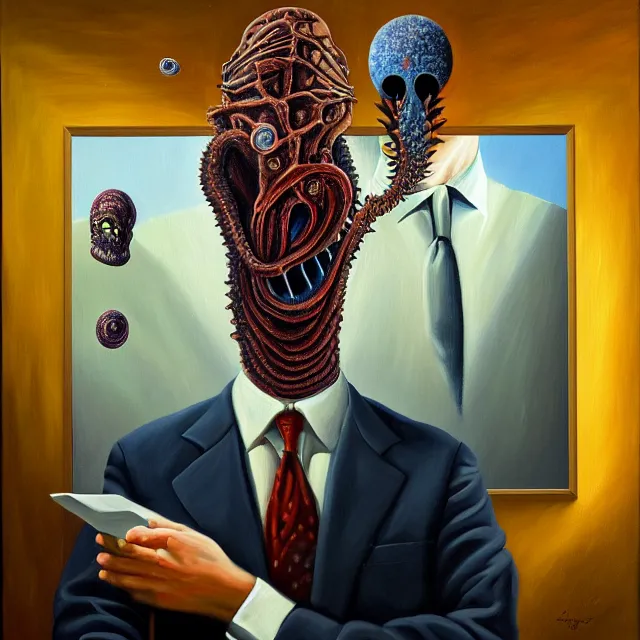 Image similar to an oil on canvas portrait painting of a business man in the office, polycount, surrealism, surrealist, lovecraftian, cosmic horror, high detail