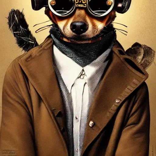 Image similar to ripped physique goggles collar leash Man Steampunk portrait Sherlock Patrick Bateman snout Detective Anthropomorphic furry fuzzy fashion vogue Chihuahua man wearing a Chihuahua costume wearing an artificer costume gerald brom bastien grivet greg rutkowski norman rockwell portrait face head snout ears eyes illustration tombow