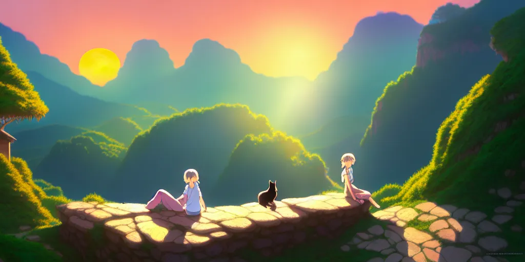 Image similar to the girl and the cat. beautiful sunrise. small village in the mountains. rocky roads. matte painting, anime, studio ghibli. intricate, elegant, super highly detailed, professional digital painting, artstation, concept art, smooth, Unreal Engine 5, Photorealism, HD quality, 8k resolution, cinema 4d, 3D, beautiful, cinematic