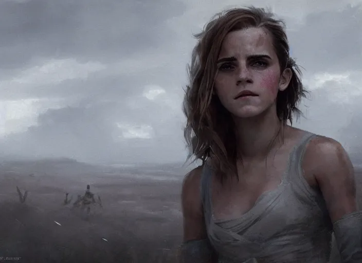 Image similar to close up cinematic artwork of Emma watson staring down the enemy on the battlefield by Greg Rutkowski, 4k, masterpiece