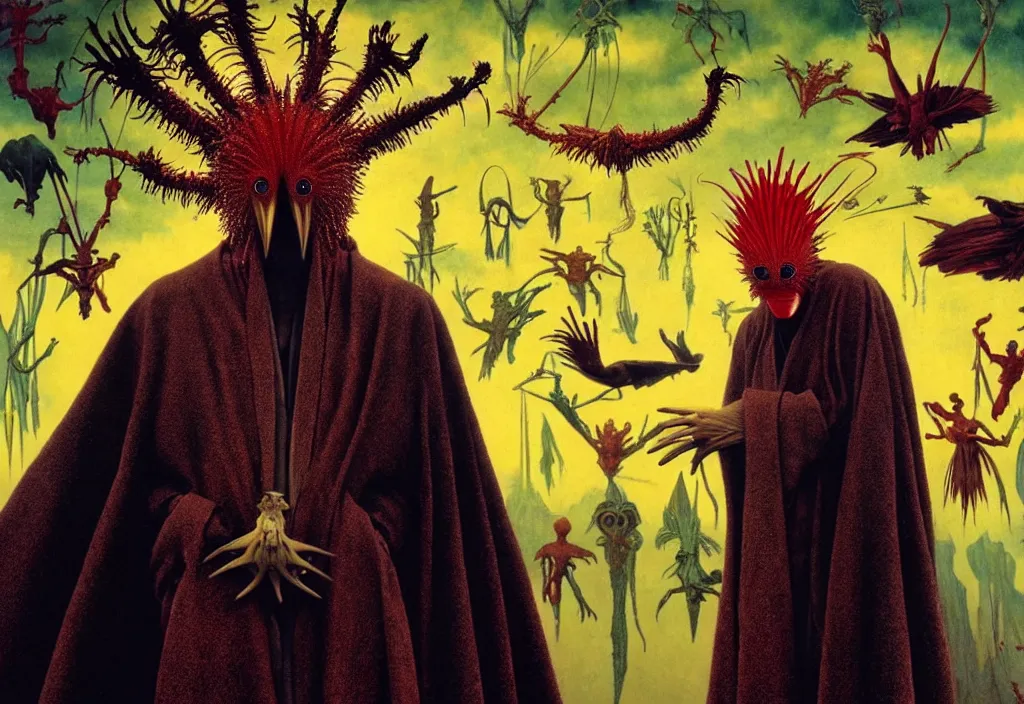 Image similar to realistic detailed portrait movie still of a birdman wearing dark robe, sci fi landscape background by denis villeneuve, amano, yves tanguy, alejandro jodorowsky, alphonse mucha, max ernst, ernst haeckel, roger dean, masterpiece, rich moody colours, snarling dog teeth