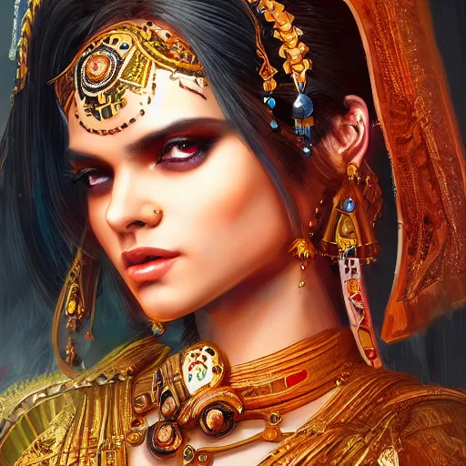 Image similar to A portrait of a cybernetic royal dark baroque indian tribal gamer girl. , trending on artstation, digital art, by Stanley Artgerm Lau, WLOP, Rossdraws, James Jean, Andrei Riabovitchev, Marc Simonetti, Yoshitaka Amano