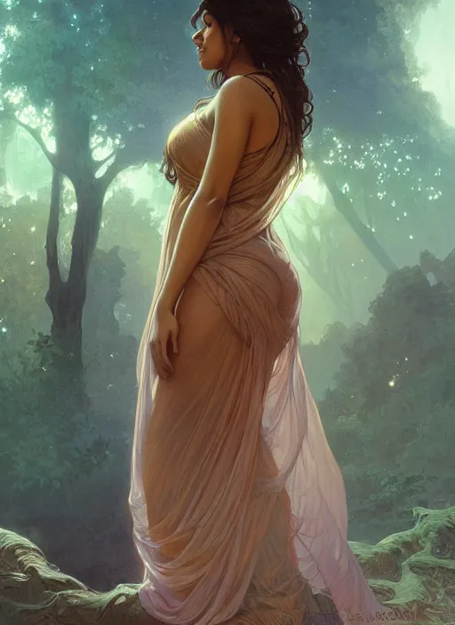 Image similar to cute brown woman wearing a transparent night gown, fantasy, intricate, highly detailed, digital painting, artstation, concept art, wallpaper, smooth, sharp focus, illustration, art by artgerm and greg rutkowski and alphonse mucha