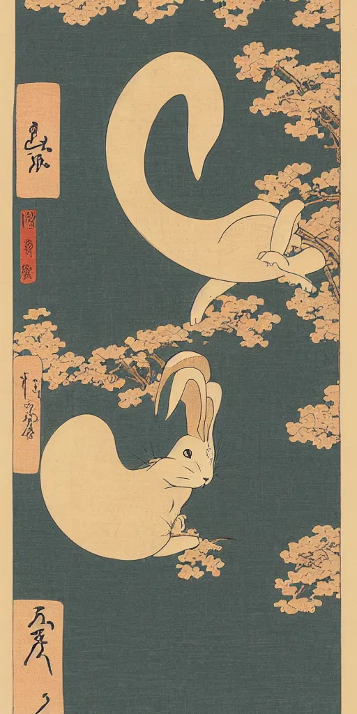 Image similar to an ukiyo - e style woodblock print of the rabbit in the moon, by katsushika hokusai and kawase hasui