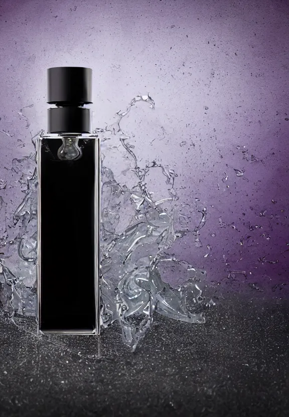 Prompt: close up shot of premium perfume bottle containing purple liquid, the bottle is placed on a black coloured table, the bottle is in the middle of the scene ultra detail, commercial, designer product, cinematic lighting, hd artstation, symmetrical, rendered, 4k