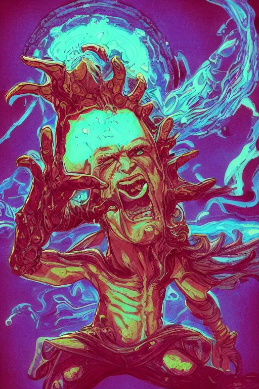 Prompt: portrait of angry shouting jewel djinn wizard in the style of Rob Lefield and Dan Mumford , trending on artstation, digital art,surrealism ,macro,blueprint ,vaporwave ,