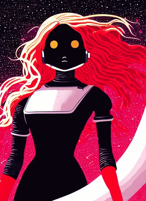 Prompt: highly detailed portrait of a hopeful pretty astronaut lady with a wavy blonde hair, by Guy Billout , 4k resolution, nier:automata inspired, bravely default inspired, vibrant but dreary but upflifting red, black and white color scheme!!! ((Space nebula background))