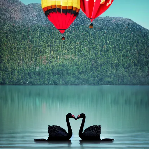 Image similar to photo of two black swans swimming in a beautiful reflective mountain lake, touching heads, forming a heart with their necks, a colorful hot air balloon is flying above the swans, hot air balloon, intricate, portrait, 8k highly professionally detailed, HDR, CGsociety, octane render, 4k