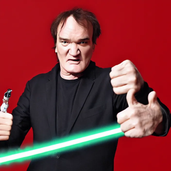 Prompt: quentin tarantino raising a lightsaber with his right hand, giving his thumbs - up with his left hand. without characters. green screen background. cinematic trailer format.