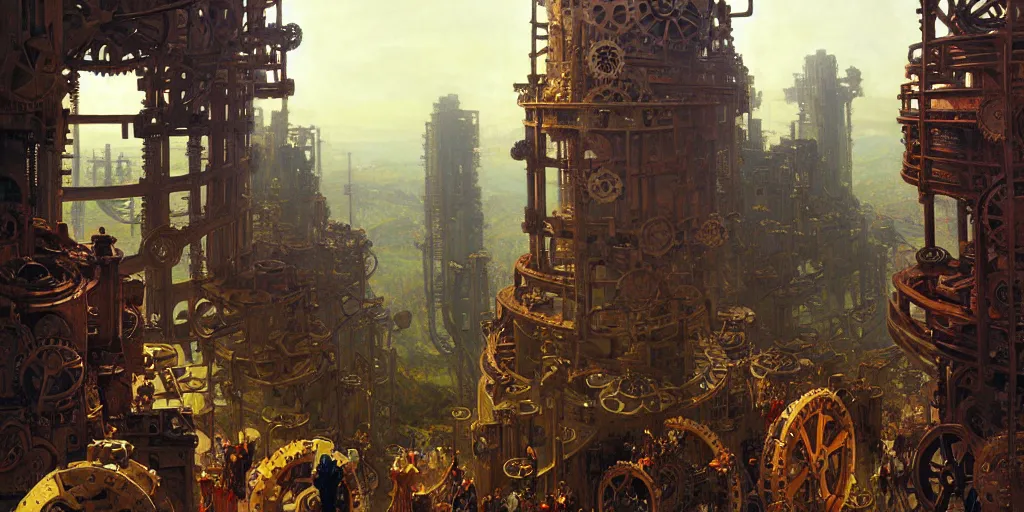 Image similar to giant interlocked gears cogs no people clockwork, giant mechanisms, industry, villages castles, buildings vista artstation illustration sharp focus sunlit vista painted by ruan jia raymond swanland lawrence alma tadema zdzislaw beksinski norman rockwell tom lovell alex malveda greg staples