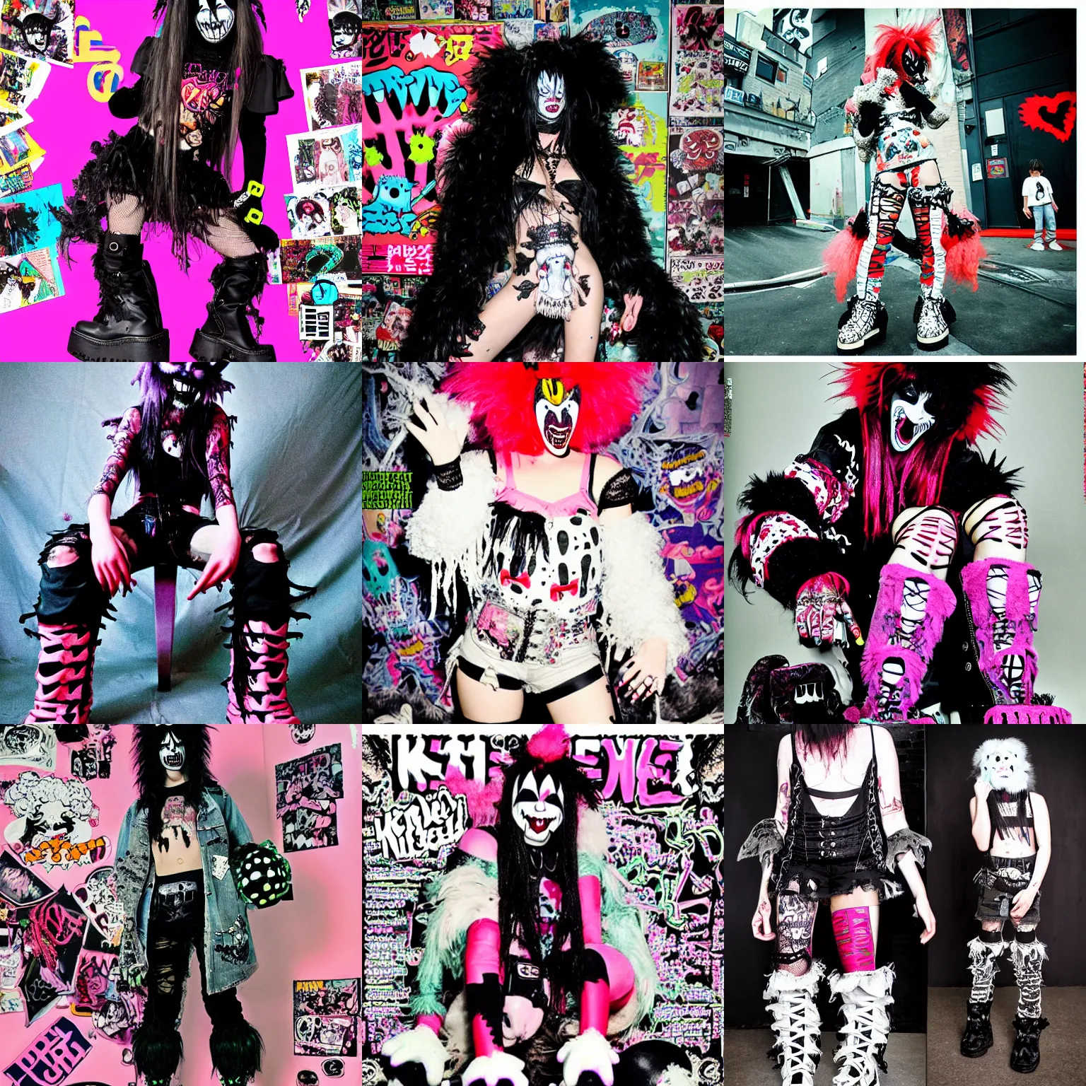 Prompt: photo of lace monster wearing ripped up dirty Swear kiss monster teeth yeti platform boots in the style of 1990's FRUiTS magazine 20471120 in japan and in the style of Rammellzee and the style of Gothic & Lolita Bible magazine and the style of Insane Clown Posse JNCOs CyberDog and emo scene style and by Ryan Trecartin in the style of Dorian Electra by Rick Owens in a dirty dark dark dark poorly lit arcade full of trash and garbage server racks and cables everywhere in the style of Juergen Teller in the style of Shoichi Aoki, japanese street fashion, KEROUAC magazine, Walter Van Beirendonck W&LT 1990's, Vivienne Westwood, y2K aesthetic