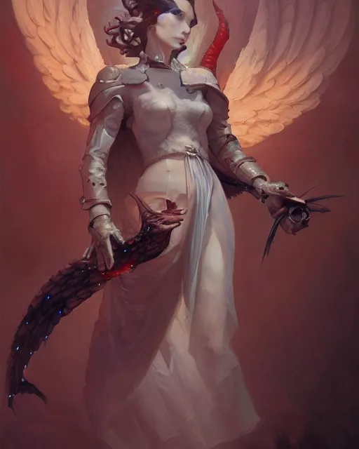 Prompt: character portrait of an angel of trickery, by Peter Mohrbacher, Mark Brooks, Jim Burns, Marina Abramović, Wadim Kashin, Greg Rutkowski, trending on Artstation