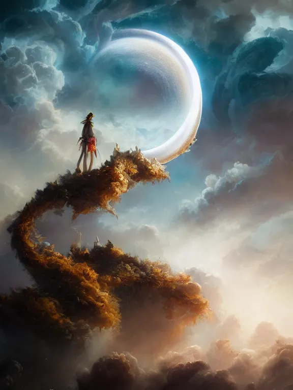 Image similar to photo of 8k ultra realistic crescent moon surrounded by swirling clouds and dramatic lighting, moon beams, full of colour, cinematic lighting, battered, trending on artstation, 4k, hyperrealistic, focused, extreme details,unreal engine 5, cinematic, masterpiece, art by Peter Mohrbacher