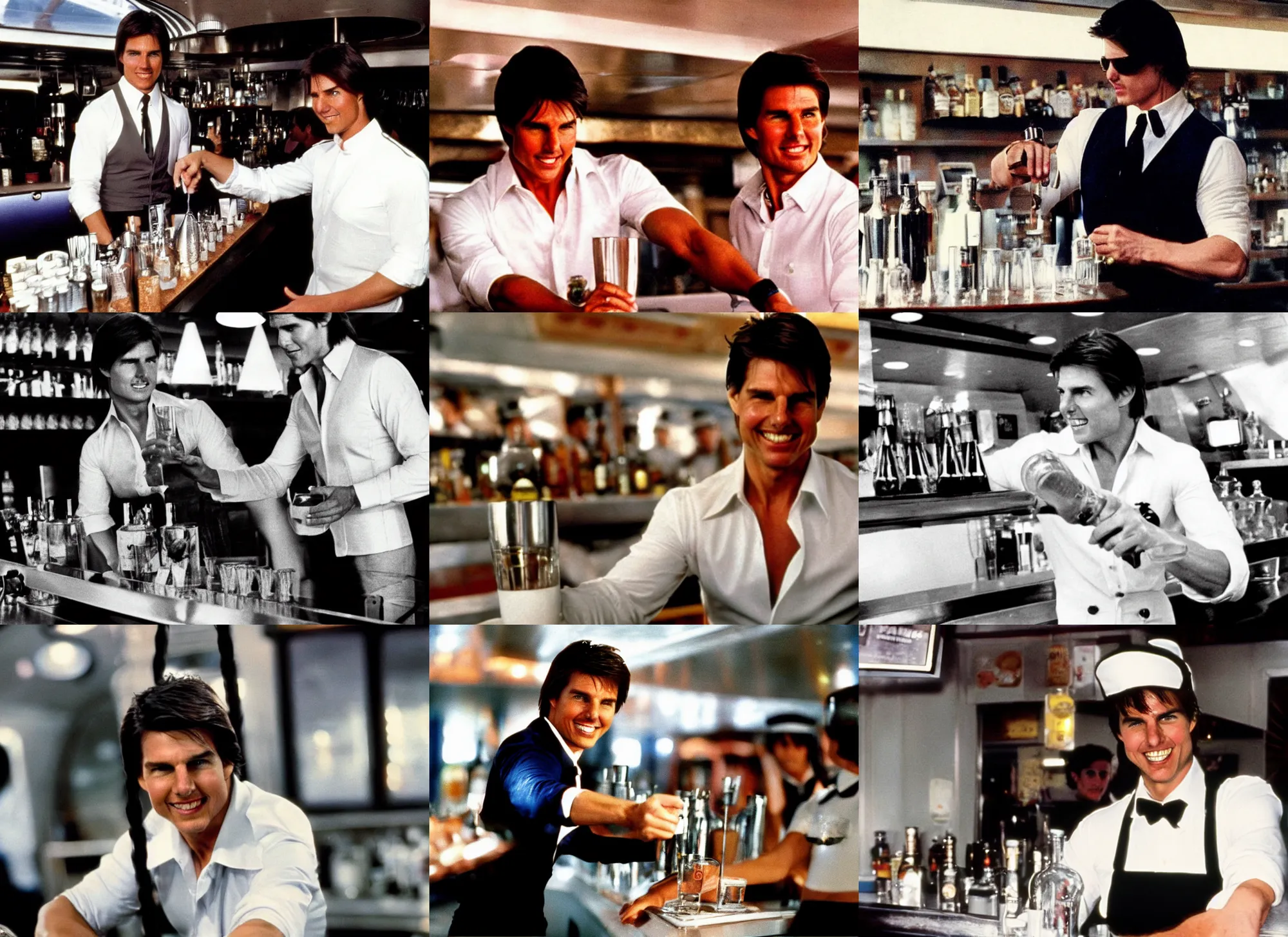 Prompt: tom cruise working as a bartender on the love boat, 1 9 8 0