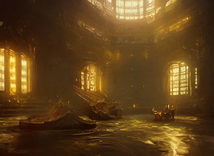 Image similar to new golden house interior with throne volumetric lighting, digital painting, highly detailed, artstation, sharp focus, illustration, concept art, ruan jia, steve mccurry, amazing composition