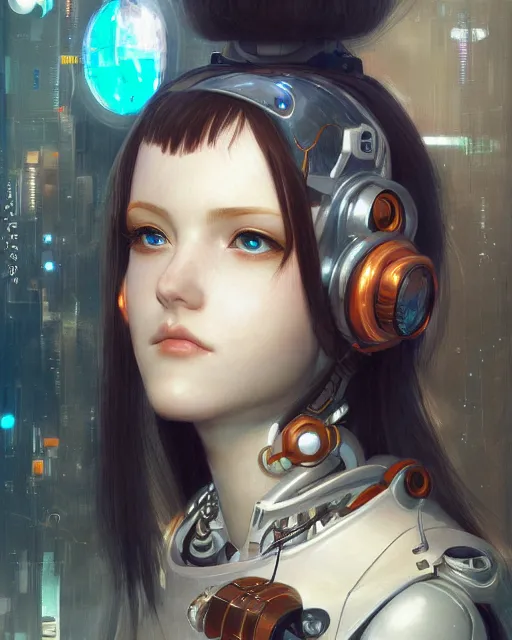 Prompt: portrait of cute beautiful young cyborg maiden, cyberpunk, Warhammer, highly detailed, artstation, illustration, art by Gustav Klimt and Range Murata