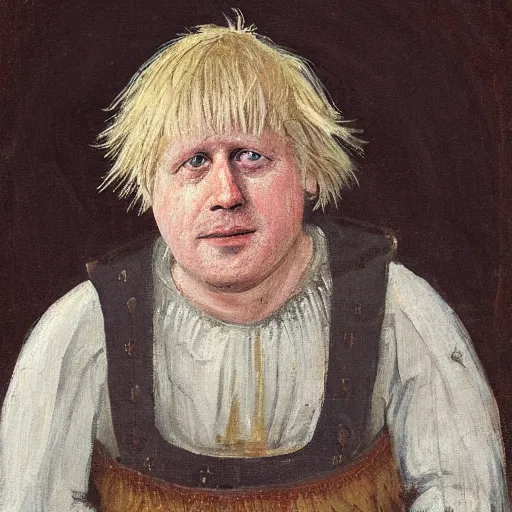 Prompt: boris johnson as a 1 2 th century peasant in england, painting, exhibited at british museum, oil on canvas, restored