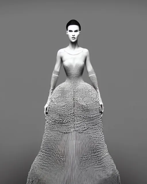 Prompt: a beautiful hyperrealistic ultradetailed 3D, one girl in a magnificent McQueen couture dress on Gray backdrop for photo, photo studio, studio photography, studio light, photo for magazine, Designer clothes, futuristic clothes, clothes from the future, voge photo, fashion style, fullbody, in full growth, Clear facial features, photorealistic, high resolution, trending on artstation, highly detailed, elegant, details, good clear quality, volumetric lighting,