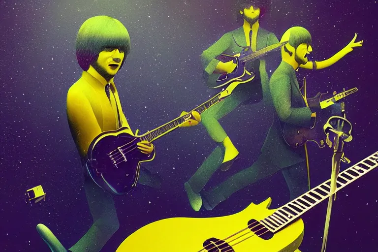 Prompt: the beatles performs with guitar on a yellow spaceship, art by mike winkelmann, trending on cgsociety, retrofuturism, darksynth, sci - fi