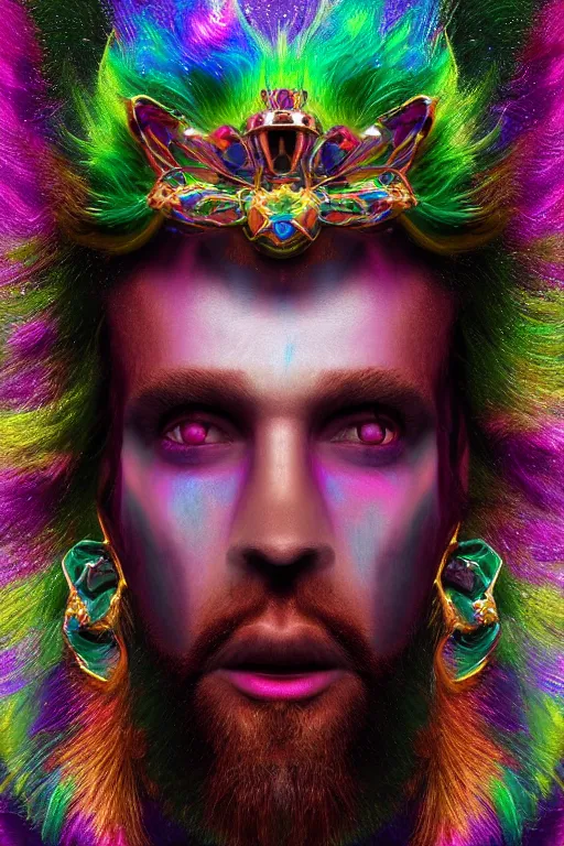 Image similar to portrait of a hyperdimensional jester, neon rainbow quartz, 4k detailed hyperrealistic digital photo by Andy Thomas, Mario Martinez, Daniel Mirante, Gustave Dore, Artstation, CGsociety