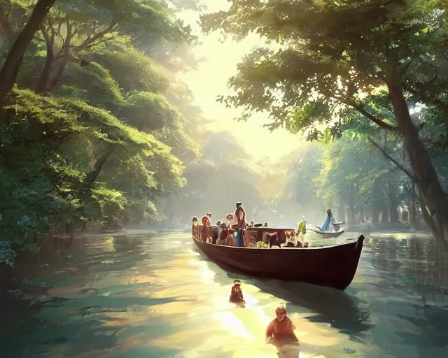 Image similar to a wooden boat with people on it in a very narrow river, trees, shady, ripples, reflections. By Makoto Shinkai, Stanley Artgerm Lau, WLOP, Rossdraws, James Jean, Andrei Riabovitchev, Marc Simonetti, krenz cushart, Sakimichan, trending on ArtStation, digital art.