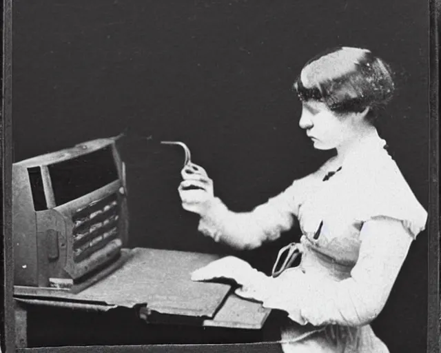 Prompt: an early 1800s photo of someone sitting at a computer making a donut on a computer in blender3d