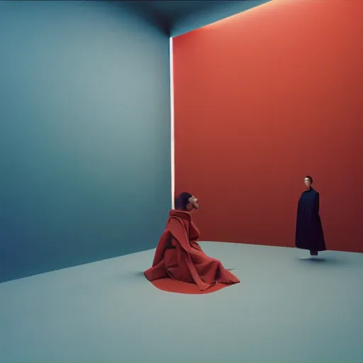 Image similar to realistic photoshooting for a new balenciaga lookbook, color film photography, portrait of a beautiful woman, location in a set design by james turrell, in style of Tyler Mitchell, 35mm,