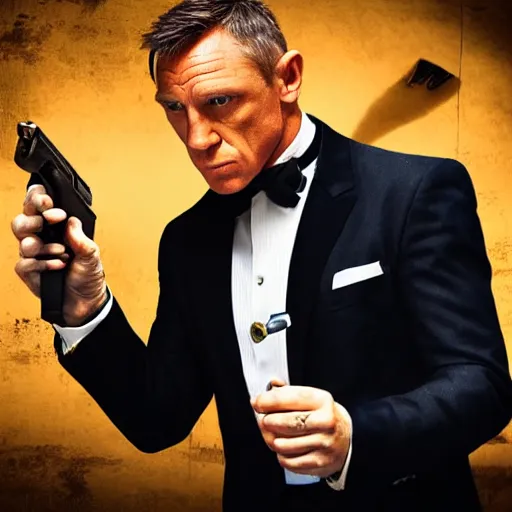 Image similar to George Cooney as James Bond, with pistol, cinematic photograph, dramatic background