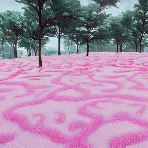 Image similar to millions and millions of Pink Frosted Sprinkle Covered Doughtnuts, a sea of Pink Frosted Sprinkle Covered Doughnuts, Unreal Engine 5 render, hyperrealistic, AAA game, incredible detail