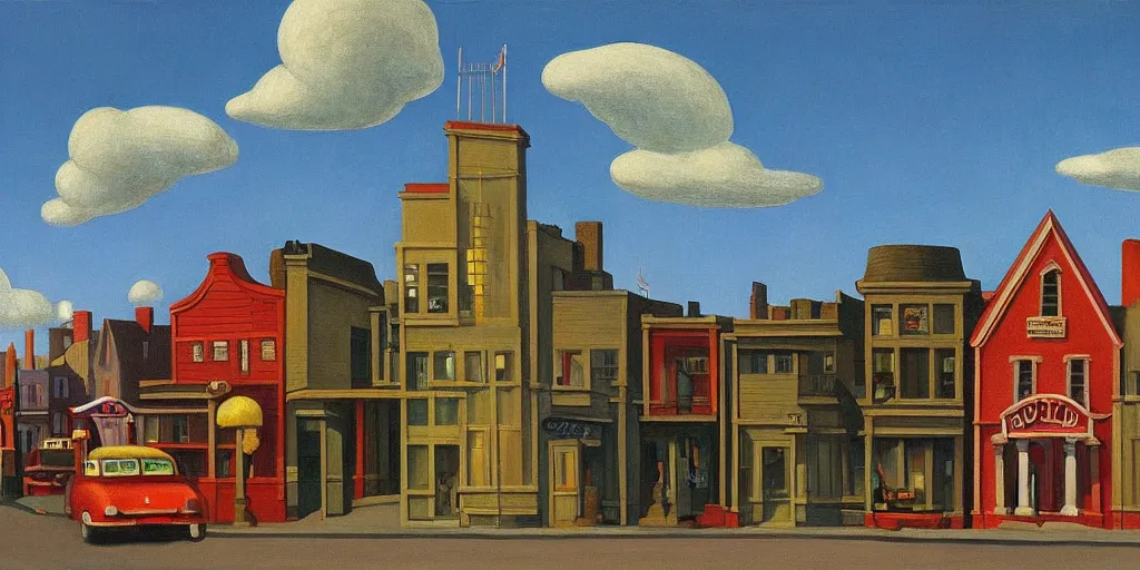 Image similar to quaint little toy town, main street elevation, grant wood, pj crook, edward hopper, oil on canvas