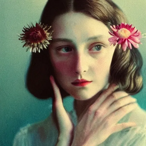 Image similar to a lot of flowers morphing in a beautiful girls face, film still by wes anderson, depicted by balthus, limited color palette, very intricate, art nouveau, highly detailed, lights by hopper, soft pastel colors, minimalist