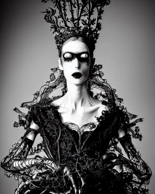 Prompt: surreal dark poetic black and white photo portrait of complex bio-mechanical beautiful young silver female vegetal-cyborg with a fur metal fine lace face, a very long neck and a fine metal floral foliage super big gothic lace collar and crown by Vivienne Westwood:: smoke, high fashion, haute couture, rococo, avant-garde, silver filigree details, anatomical, facial muscles, cable wires, microchip, elegant, dreamy, foggy atmosphere, hyper realistic, 150 mm lens, soft rim light, octane render, unreal engine, picture was taken in 1910 by Man Ray, volumetric lighting, dramatic light,8k,