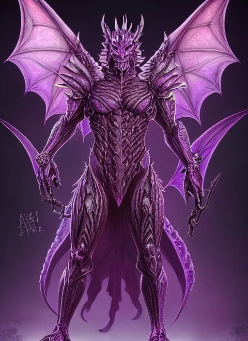 Image similar to muscular and tall purple ghostly fire humanoid dragon!!!! draconian!! intricate ornate iridescent heavy armor!! character concept art, sharp focus, octane render! unreal engine 5! highly rendered!! trending on artstation!! detailed linework!! illustration by artgerm, wlop, and chie yoshii