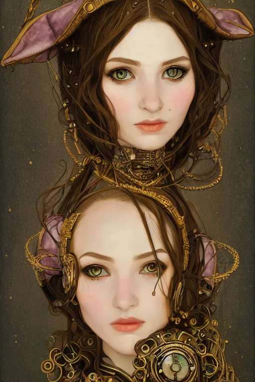 Image similar to portrait of beautiful young elf girl, steampunk, highly detailed, artstation, illustration, art by Gustav Klimt