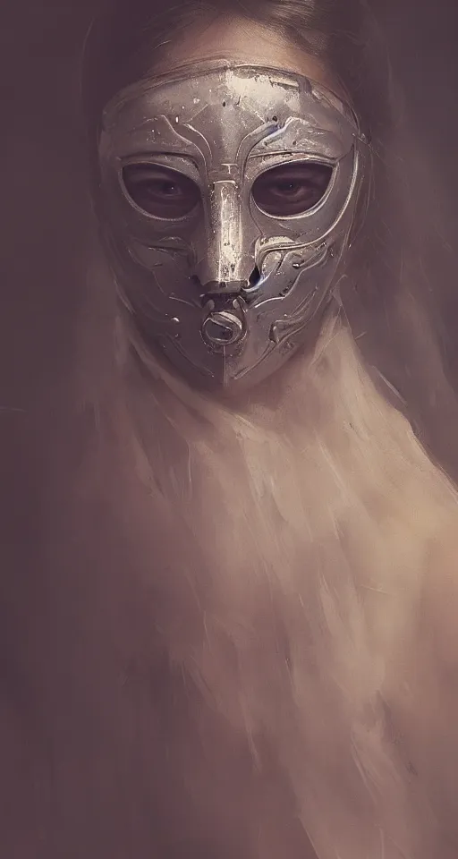 Image similar to A beuatiful portrait of a close up women wearing a mask by Greg Rutkowski, Sung Choi, Mitchell Mohrhauser, Maciej Kuciara, Johnson Ting, Maxim Verehin, Peter Konig, Bloodborne, full body, 8k photorealistic, cinematic lighting, HD, high details, dramatic, dark atmosphere, trending on artstation